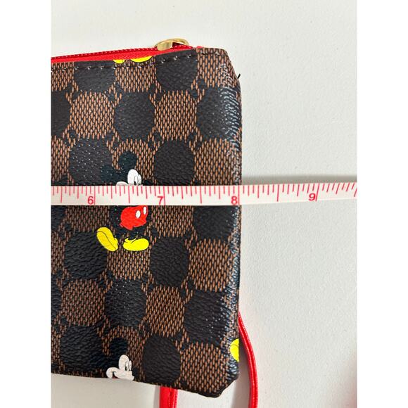 Mickey Mouse Wristlet Faux Leather Brown Checkered with Red Strap - Picture 7 of 10